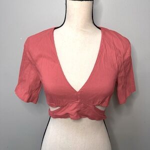 Zara top Crop Women coral pink waist tie linen shirt blouse XS
